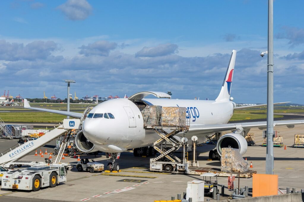 Cargo aircraft being loaded for international air freight from China
