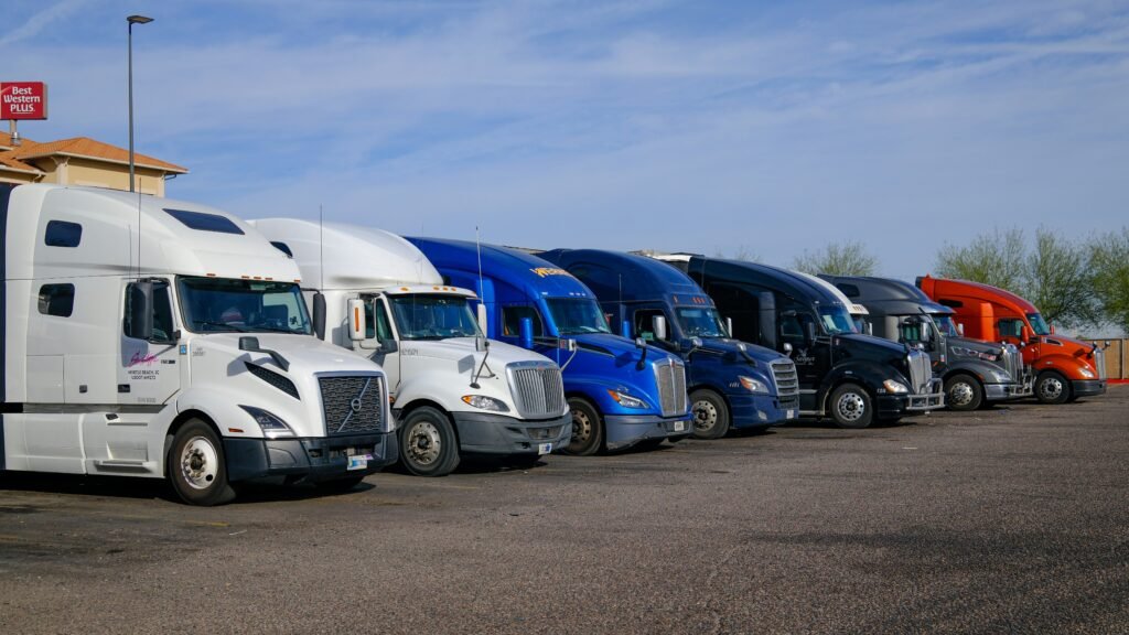 Multiple international freight trucks from a Belarusian partner fleet parked in a clear daylight lineup