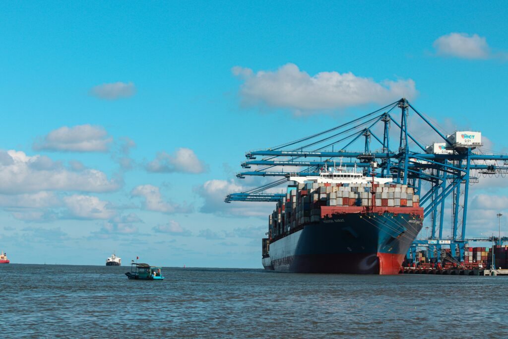 Large container vessel at an international ocean terminal for sea freight from China