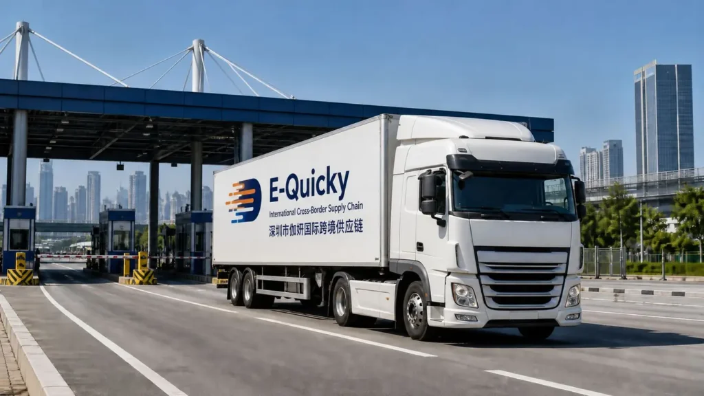 E-Quicky branded cross-border freight truck traveling from mainland China toward Hong Kong through a customs checkpoint
