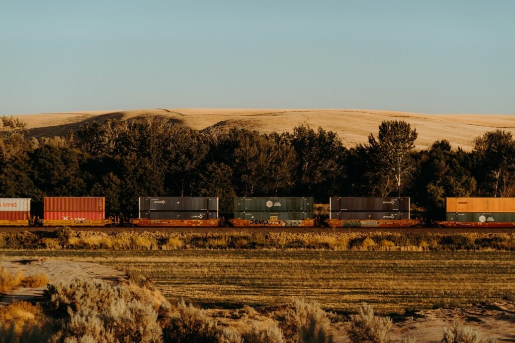 Rail shipping freight train on tracks