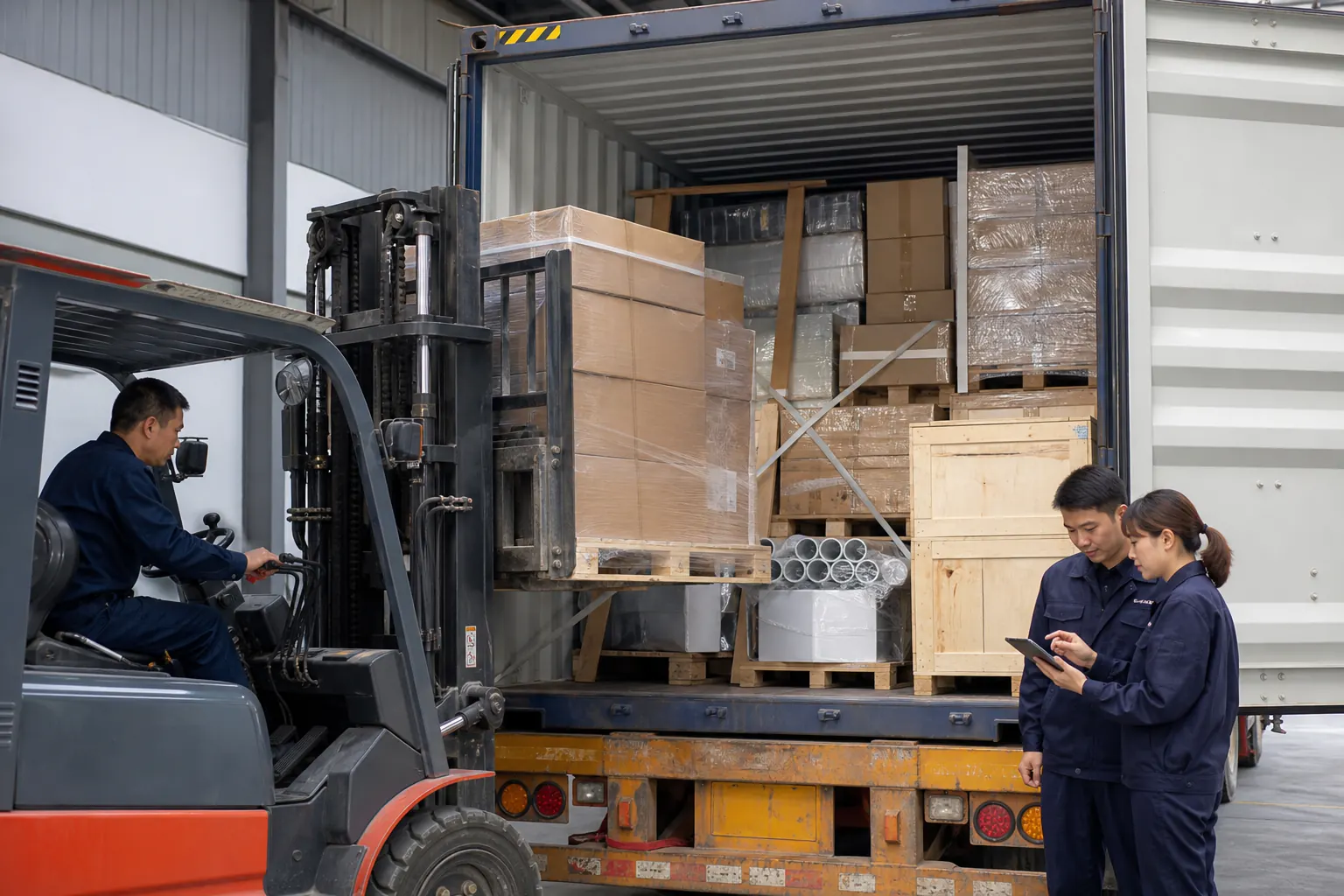 General cargo being loaded into a full shipping container in China