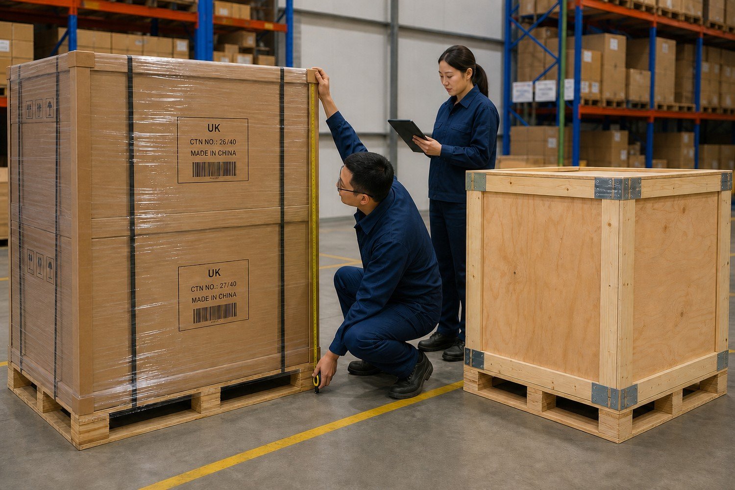 Warehouse staff measuring a labelled and stretch-wrapped air freight pallet