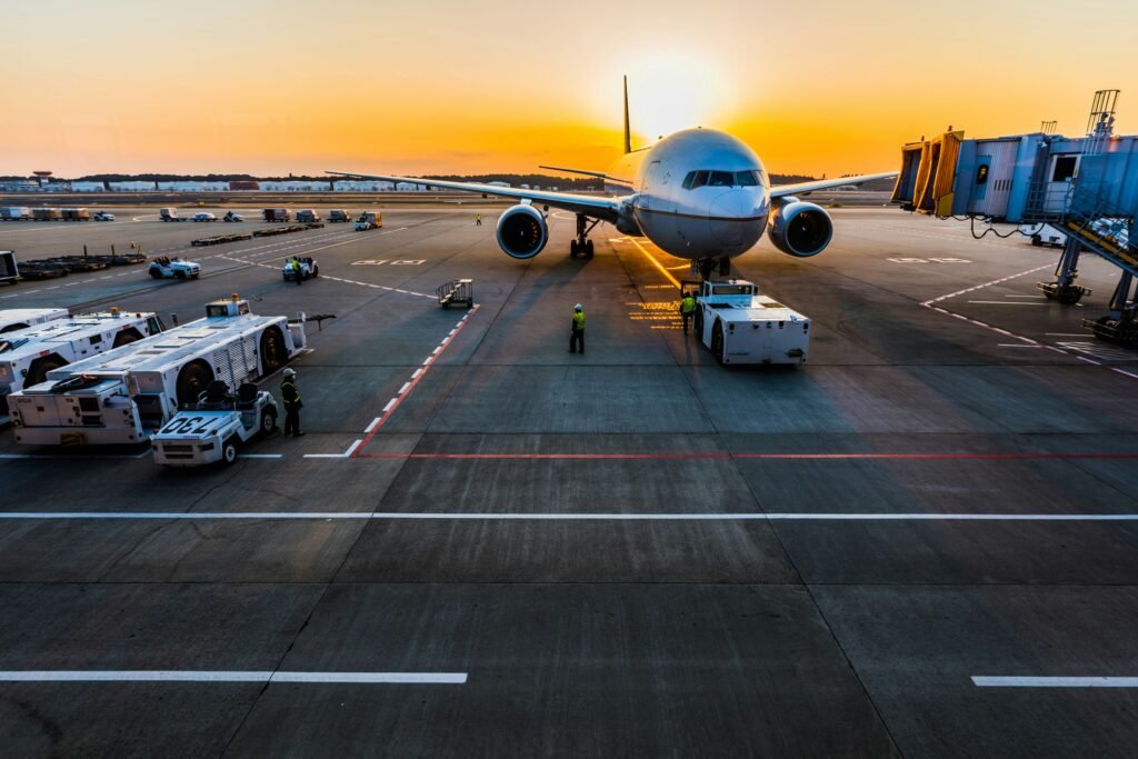 Large commercial aircraft parked on an international airport apron for air freight operations