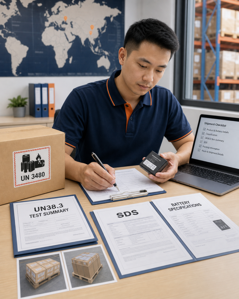 Chinese logistics specialists reviewing UN38.3, SDS, battery specifications and UN 3480 packing documents