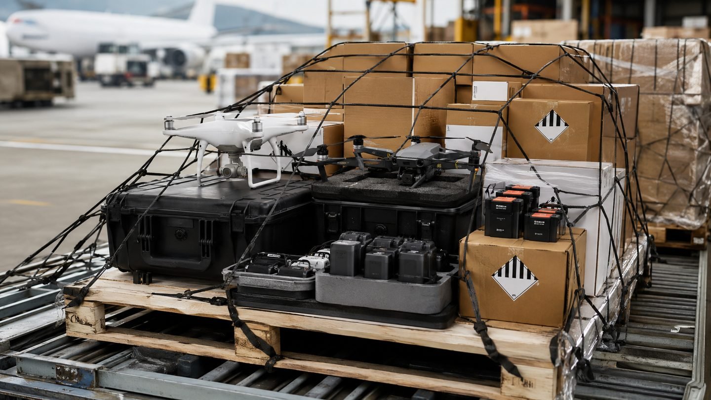 Commercial drones, accessories and lithium battery cargo prepared for air freight