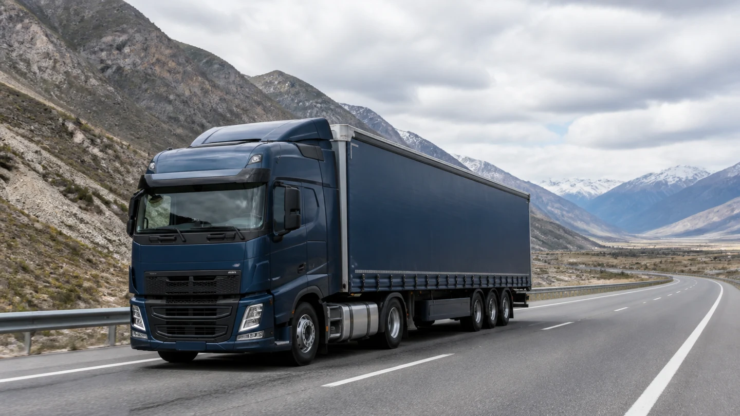 Full semi-truck and trailer transporting cargo on a Eurasian highway