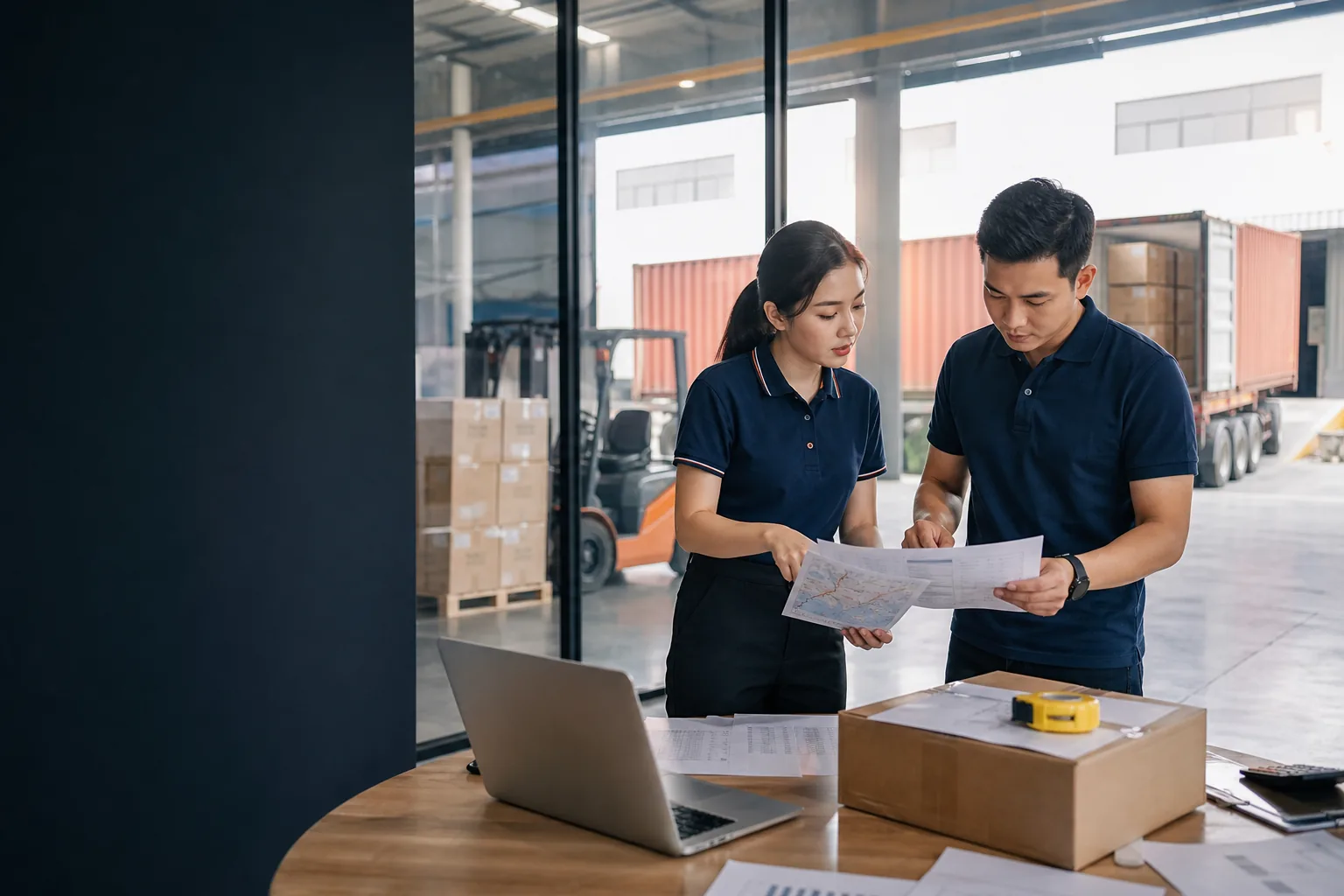 Chinese logistics coordinators reviewing shipment documents beside a warehouse