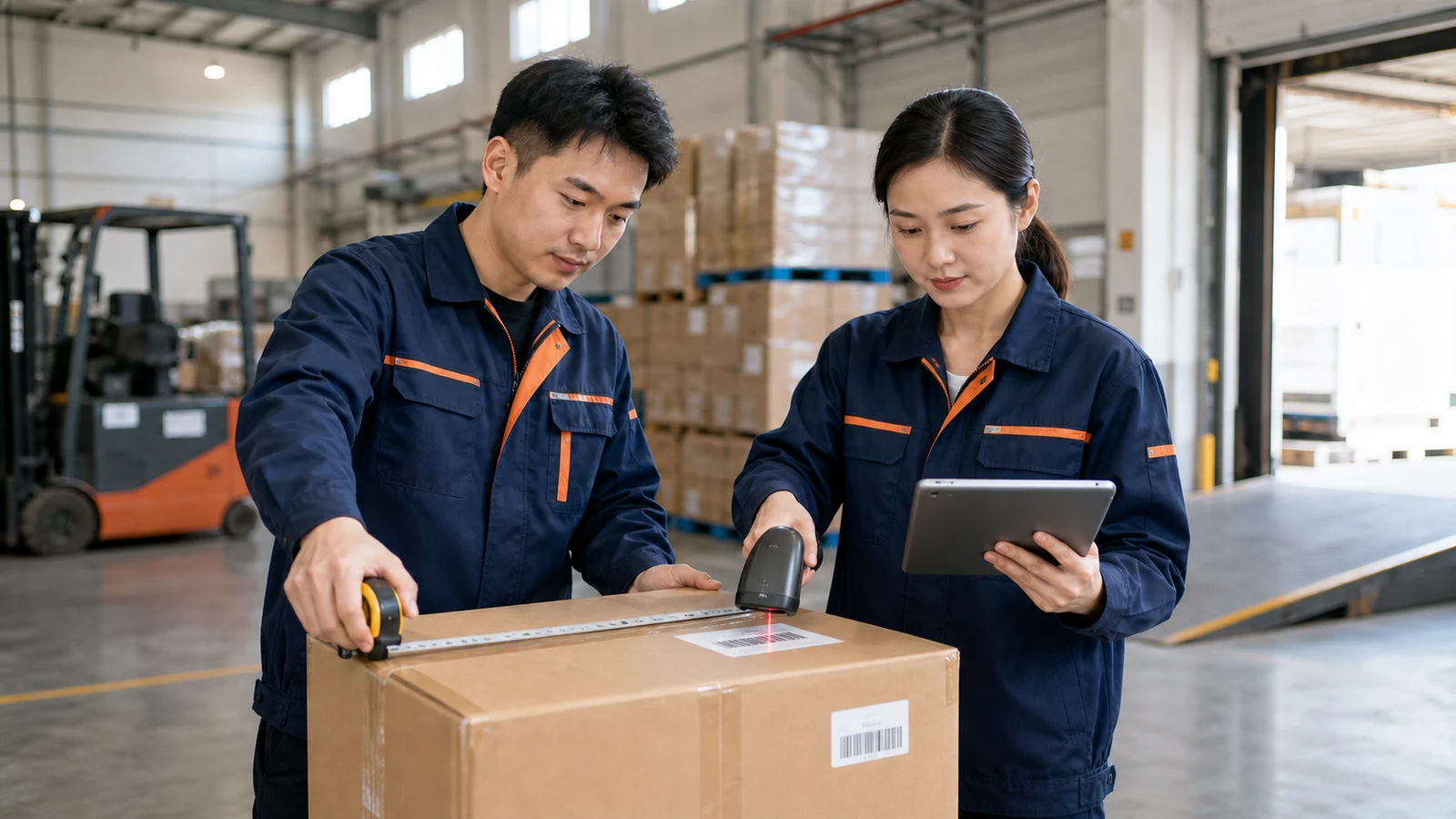 Chinese logistics professionals measuring a carton and scanning its shipping barcode