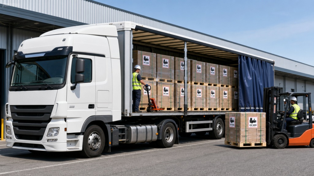 Curtain-side truck transporting palletized lithium battery cartons marked UN 3480 from China by road