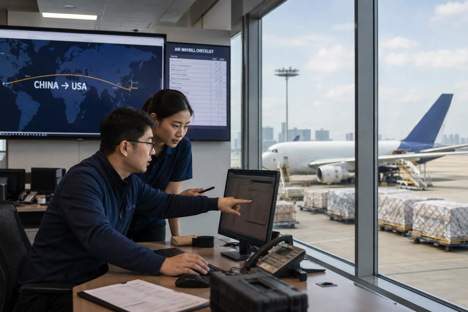Asian logistics team planning air freight from China to the United States