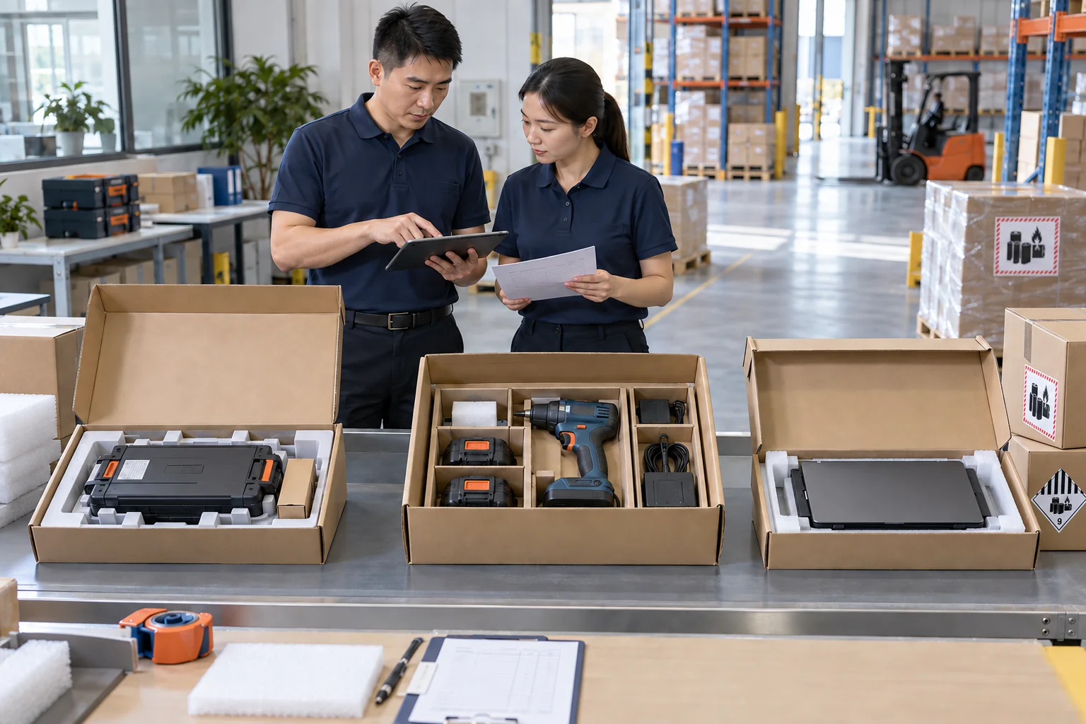 Chinese logistics team reviewing standalone batteries, batteries packed with equipment and installed batteries