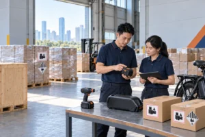 Battery shipping specialists reviewing battery-powered products in a China warehouse