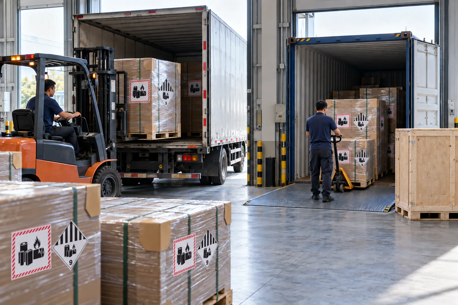 Palletized battery cartons with Class 9 marks prepared for truck and container handover