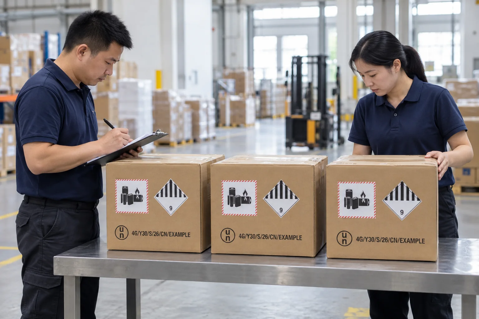 Chinese warehouse team inspecting standalone battery cartons with visible UN specification packaging marks