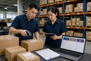 Chinese logistics team reviewing cartons, shipment documents and international express courier options