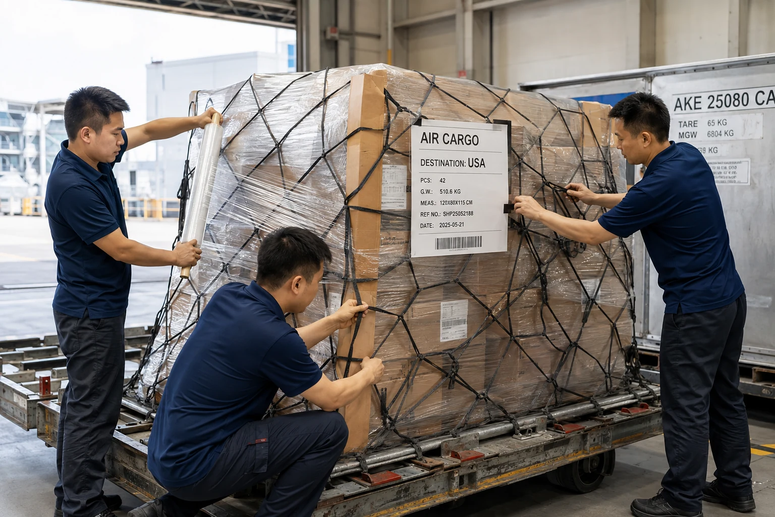 Cargo team building an airline pallet in mainland China for U.S. air freight