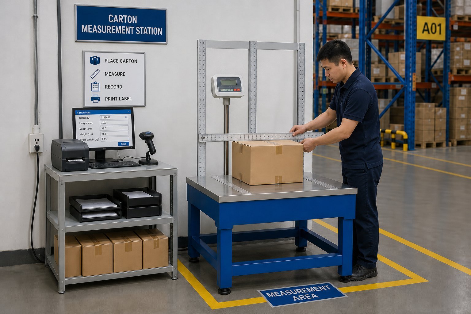 Dedicated carton measurement workstation with a mechanical logistics volume scale